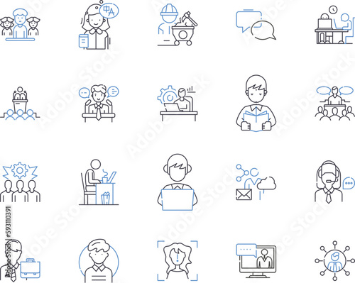 Empoyee work outline icons collection. Employee, Work, Labor, Task, Performance, Compensation, Hours vector and illustration concept set. Resume, Benefits, Productivity linear signs