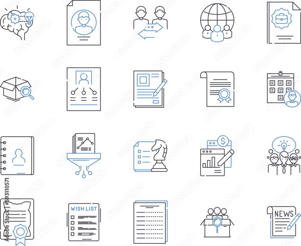 Document flow outline icons collection. Document, Flow, Management, Automation, Tracking, Log, System vector and illustration concept set. Audit, Review, Storage linear signs