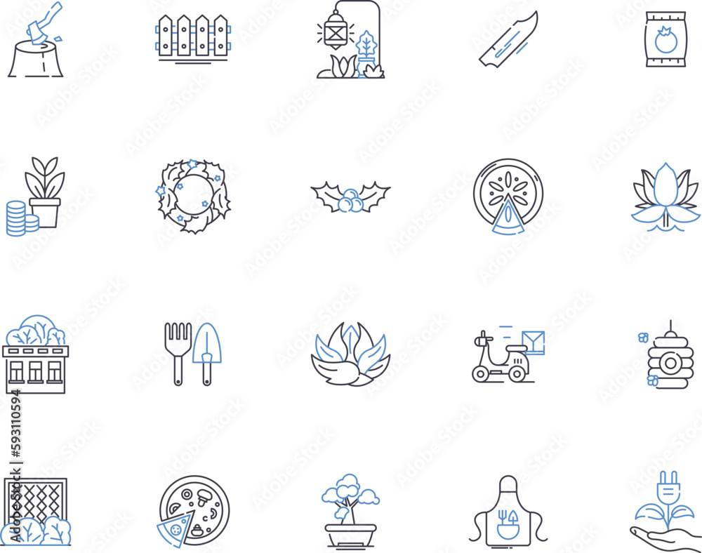 Fototapeta premium Agriculture outline icons collection. Farming, Cropping, Horticulture, Livestock, Produce, Tillage, Irrigation vector and illustration concept set. Plantation, Harvesting, Pests linear signs