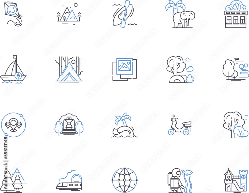 World travel outline icons collection. tourism, journey, trips, explorer, expeditions, wanderlust, cruises vector and illustration concept set. explorer, flight, excursions linear signs
