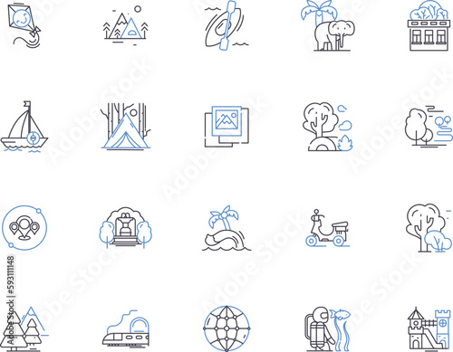 World travel outline icons collection. tourism, journey, trips, explorer, expeditions, wanderlust, cruises vector and illustration concept set. explorer, flight, excursions linear signs