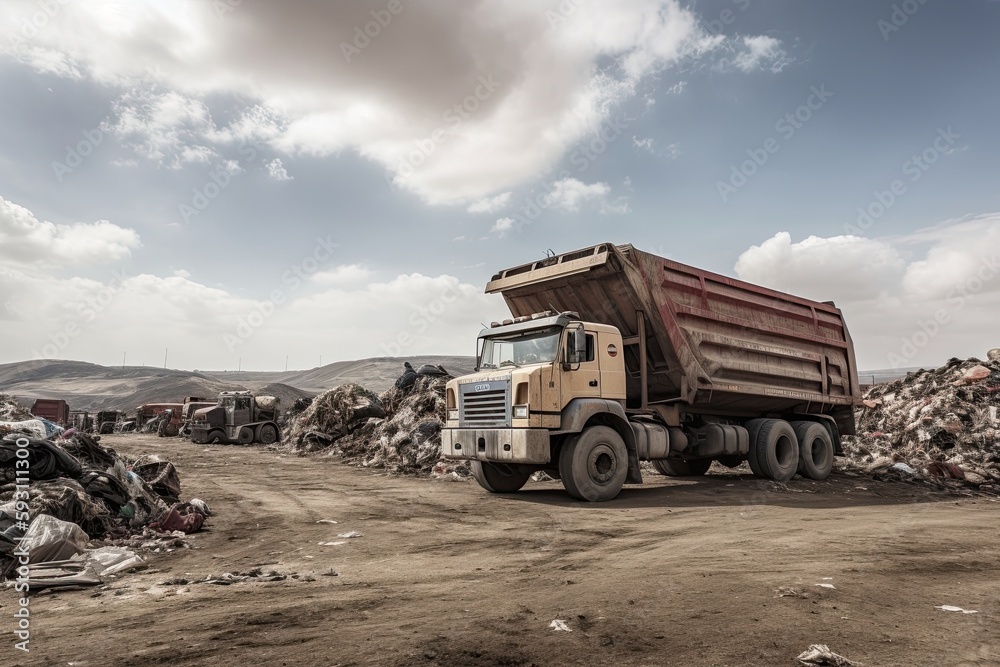 Powerful Trucking Technology at Work: A Heavy Automobile Activity with Industrial Tanker at Landfill Excavation. Generative AI