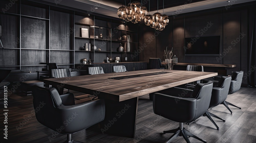 Stylish Office with Dark Boardroom Furniture: Perfect for Meetings and Teamwork Ideas. Generative AI