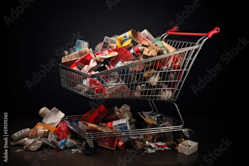 The Overwhelming Reality of Consumerism: Shopping Cart Overflowing with Immoderate Purchases. Generative AI photo