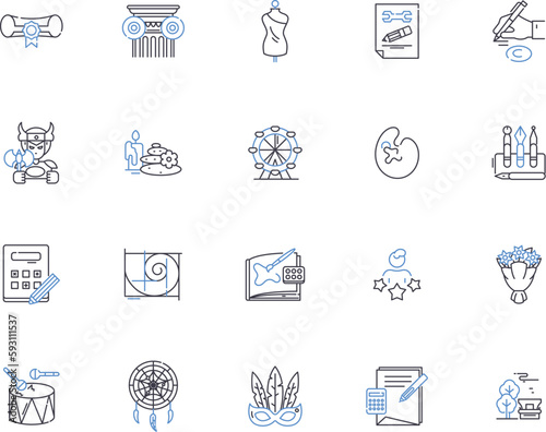 visual art outline icons collection. Painting, Drawing, Sculpture, Printmaking, Collage, Photography, Mixed-Media vector and illustration concept set. Ceramics, Assemblage, Installation linear signs