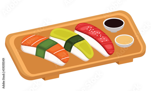 Sushi bar on wooden plate with tuna, salmon, avocado, and sesame