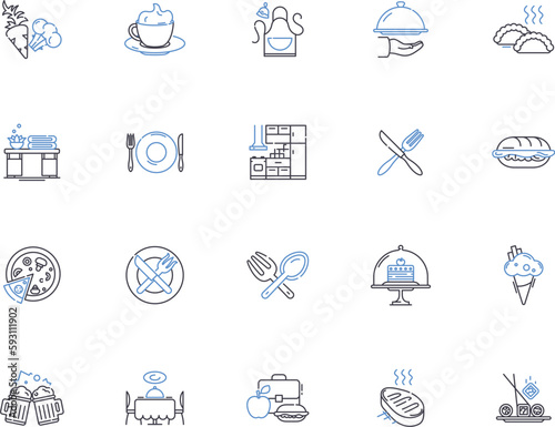 Cooking outline icons collection. Baking, Boiling, Frying, Roasting, Sauteing, Simmering, Grilling vector and illustration concept set. Broiling, Poaching, Steaming linear signs