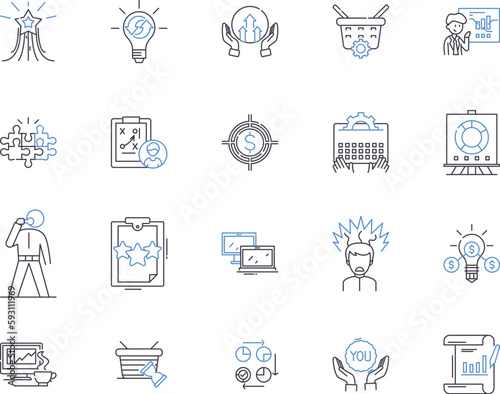 Strategy and planing outline icons collection. Strategy, Planning, Designing, Analysis, Outline, Scenario, Course vector and illustration concept set. Process, Purpose, Aim linear signs