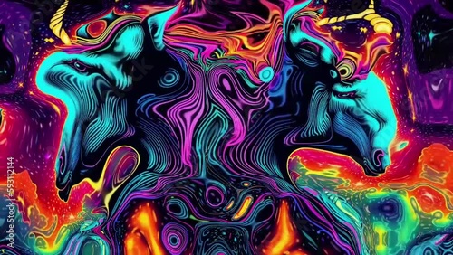 Unicorn neon magic short animated clips for vj dj background music visualizer, weird alpha layer, trippy montage illustrated retro nostalgic rainbows and sparkles