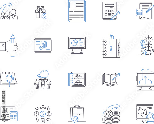 Credit management outline icons collection. Credit, Management, Accounts, Loans, Debts, Financials, Reconcile vector and illustration concept set. Risk, Evaluation, Monitoring linear signs