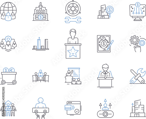 Industrial enterprise outline icons collection. Factory, Enterprise, Industry, Manufacturer, Business, Plant, Conglomerate vector and illustration concept set. Corporation, Company, Mill linear signs