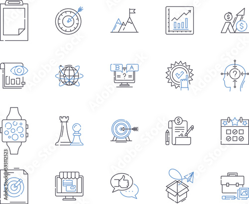 Business planning outline icons collection. Planning, Business, Strategies, Goals, Financial, Development, Analysis vector and illustration concept set. Marketing, Objectives, Actions linear signs
