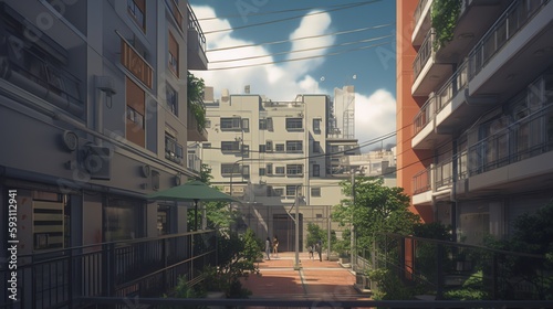 A neighborhood complex in anime often serves as a hub for social interactions between characters, creating a sense of community and belonging. photo