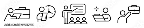Conjunto de iconos de persona trabajando. Concepto de oficio y negocio. Planificación, presentación, empleado, ocupación laboral. Ilustración vectorial