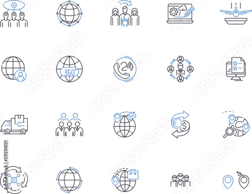 International business outline icons collection. Global, Trade, Export, Import, Cross-border, Outsourcing, Foreign vector and illustration concept set. Partnership, Investment, Marketing linear signs