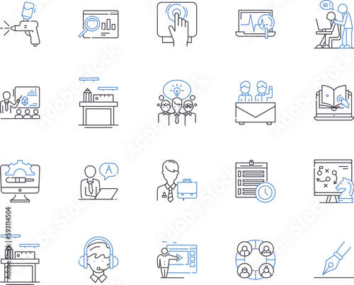 Workshop and conference outline icons collection. workshop, conference, training, development, learning, education, skills vector and illustration concept set. knowledge, networking, collaboration