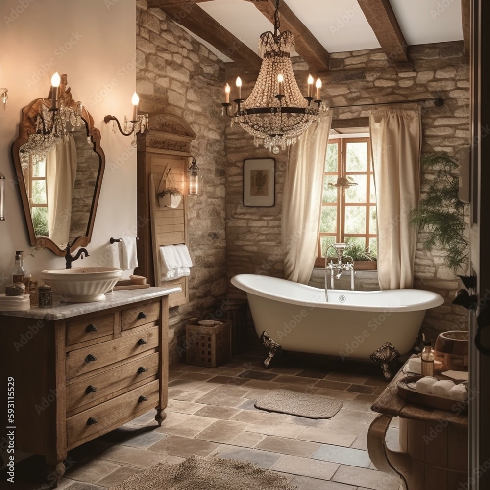 A rustic French Country bathroom with stone and ceramic textures ...