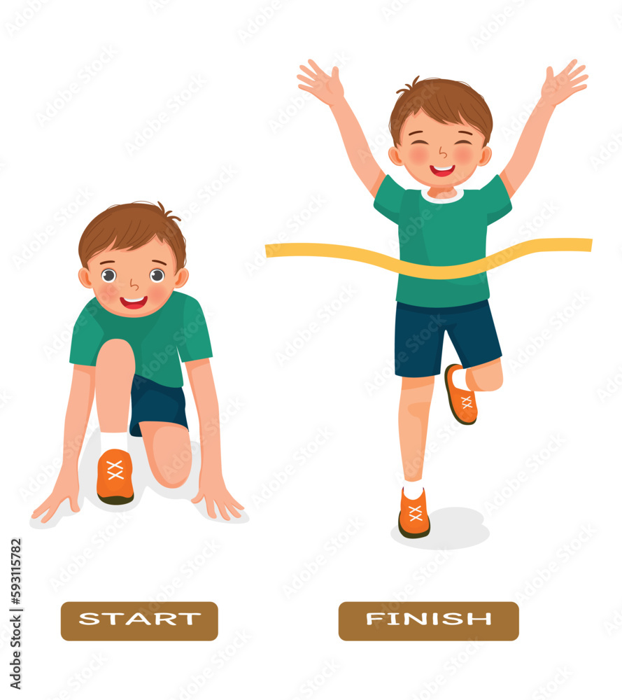 Opposite adjective antonym word start and finish illustration of little boy ready to run and finishing the race Opposite adjective antonym word start and finish illustration of little boy ready to run and finishing the race