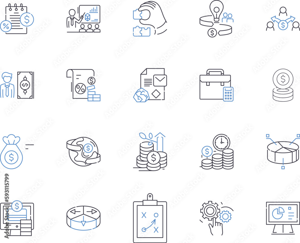 Financial advising outline icons collection. Financial, Advising, Investment, Bank, Adviser, Planning, Advice vector and illustration concept set. Saving, Retirement, Wealth linear signs