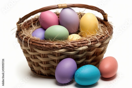 Isolated against a white background, colorful crafted easter eggs are displayed in a basket. Generative AI