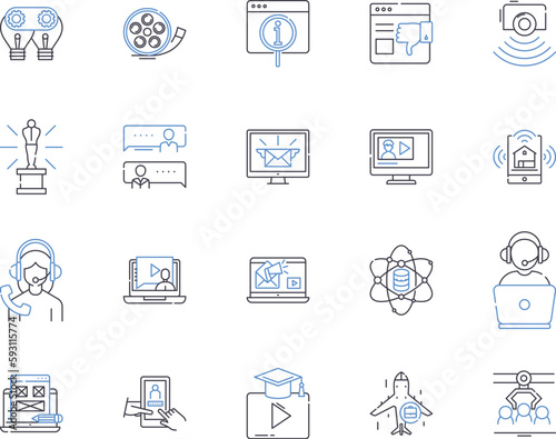 Media corporation outline icons collection. Media, Corporation, Publishing, News, Print, Digital, Network vector and illustration concept set. Broadcast, Content, Video linear signs