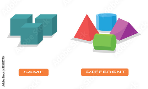 Opposite adjective antonym word same and different geometry shapes