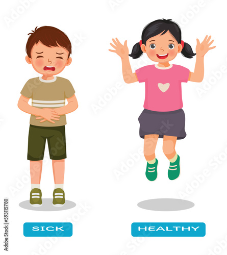 Opposite adjective antonym word sick and healthy illustration of little boy stomachache and girl jumping