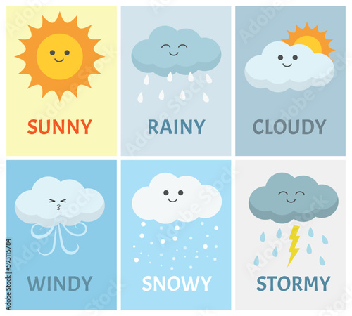Weather climate vocabulary with cute cartoon characters for kids photo