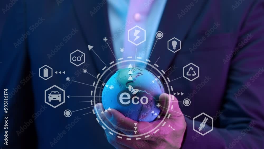 Businessman showing planet earth global with virtual ECO icon. Net zero greenhouse gas emissions target. Climate neutral long term strategy. Ecological, renewable energy and save environment concept.