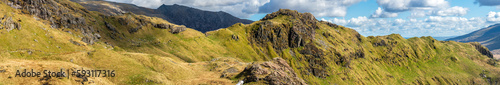 Pyg Track and Crib Goch peak panorama on sunny day in Snowdonia. Wales
