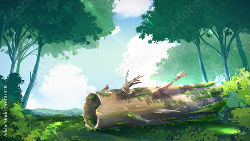sunlight through the forest nature anime style background high definition