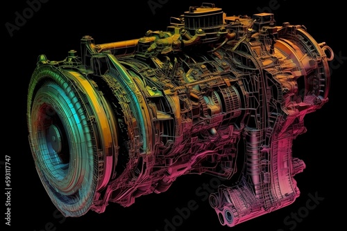a mechanical engineering image showing the design of an engine, FEM drawing, in the style of thermal camera, fragmented designs, calculated ai