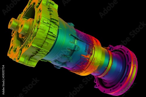 a mechanical engineering image showing the design of an shock absorber, FEM drawing, in the style of thermal camera, fragmented designs, calculated ai
