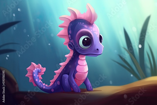 majestic dragon perched on a sandy beach with vibrant pink and purple hues. Generative AI