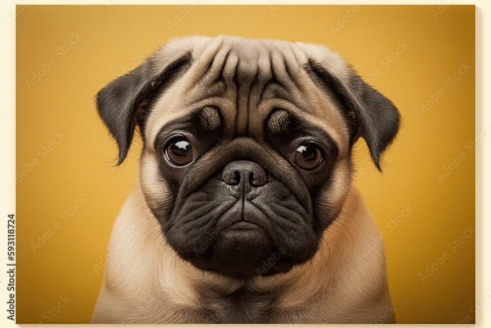 Pug puppy with a sorrowful and solemn expression on a bright yellow background. Generative AI