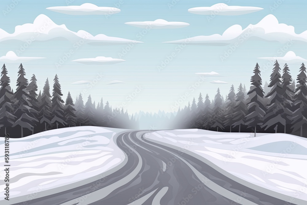Fototapeta premium scenic winter road surrounded by snow-covered trees and clouds in the background. Generative AI