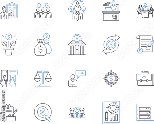 Accounting and documents outline icons collection. Accounting, Documents, Audit, Ledger, Payables, Receivables, Spreadsheet vector and illustration concept set. Tax, Balance, Expense linear signs