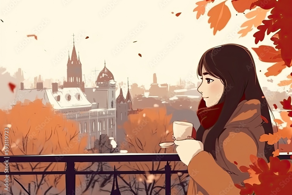 woman enjoying a cup of coffee on a balcony with a scenic view. Generative AI