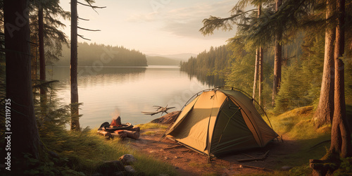 Summer tent camping in the Pacific Northwest Mountains Early morning sunrise 