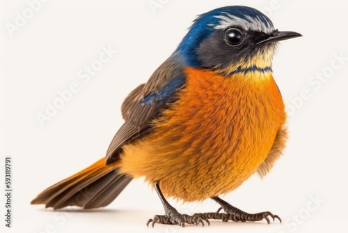 Beautiful orange bird with blue head isolated on white background showing its details from head face wings tails and feet, male of blue fronted redstart. Generative AI