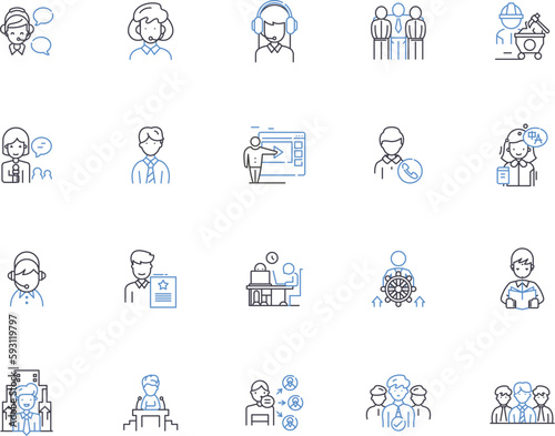 Job searching outline icons collection. Job hunting, Recruiting, Applying, Interviewing, Networking, Contracting, Prospecting vector and illustration concept set. Hiring, Resuming, Posting linear