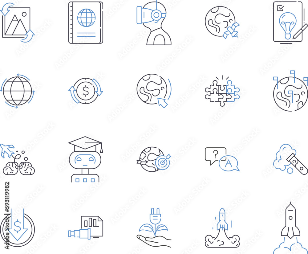 Innovation business outline icons collection. Entrepreneurship, Disruptive, Optimization, Development, Collaboration, Technology, Transformation vector and illustration concept set. Strategy, Future