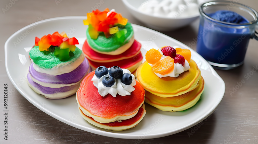 Rainbow pancakes with fruits and whipped cream, AI generative multi-color food