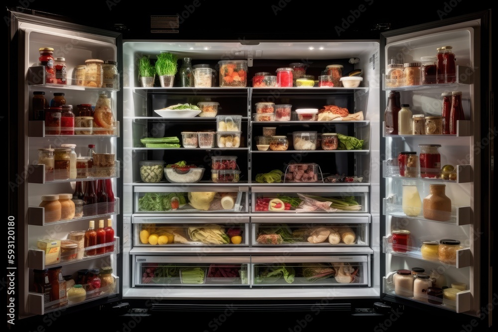 In the kitchen, an open refrigerator is filled with groceries. Generative AI