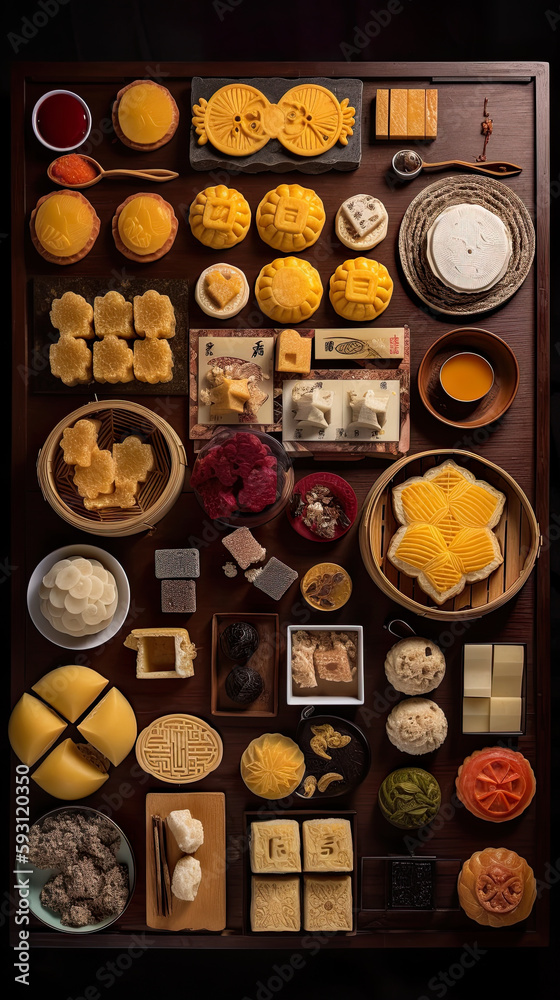 Chinese sweets, flat lay, top view assorted cookies and traditional desserts, AI generative overhead view of knolling arrangement Chinese sweets, flat lay, top view assorted cookies and traditional desserts, AI generative overhead view of knolling arrangement