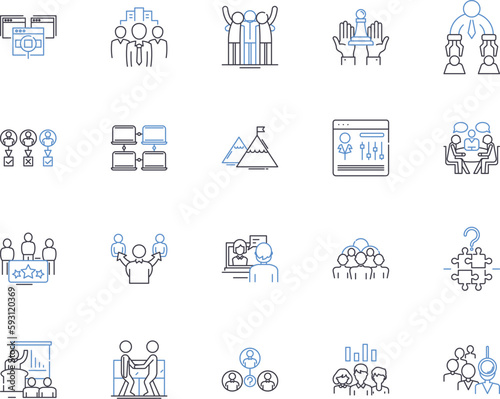 Business meeting outline icons collection. Business, Meeting, Conference, Gather, Committee, Strategy, Network vector and illustration concept set. Plan, Agenda, Negotiate linear signs