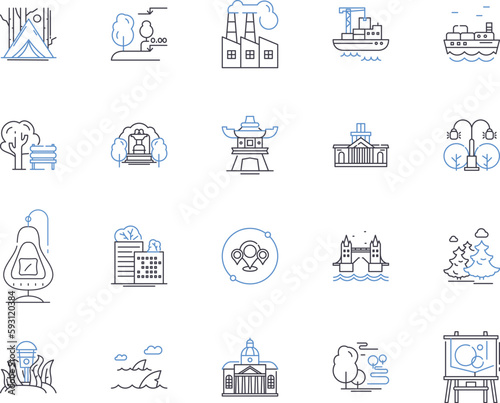 Landscapes and parks outline icons collection. Landscapes, Parks, Greenery, Trails, Nature, Trees, Outdoors vector and illustration concept set. Scenic, Vistas, Fields linear signs
