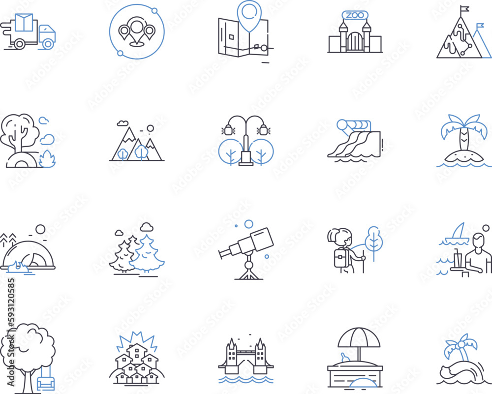 Landscapes and gardens outline icons collection. Landscapes, Gardens, Flora, Fauna, Trees, Greenery, Plants vector and illustration concept set. Turf, Trails, Bushes linear signs