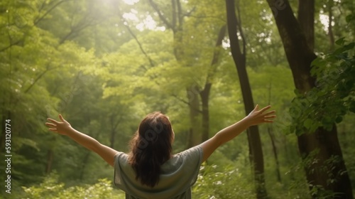 Overjoyed happy woman enjoying the green beautiful nature woods forest around her - concept of female people and healthy natural lifestyle - happiness emotion and adult lady opening arms. Generative A