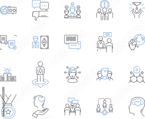 Coaching and business outline icons collection. Coaching, Business, Consulting, Training, Mentorship, Leadership, Strategy vector and illustration concept set. Management, Teach, Facilitate linear